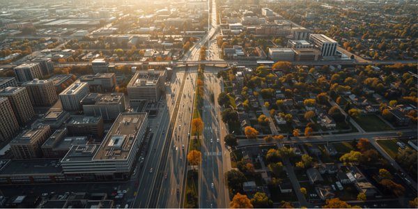 Aerial view of a growing city and surrounding residential neighborhoods
