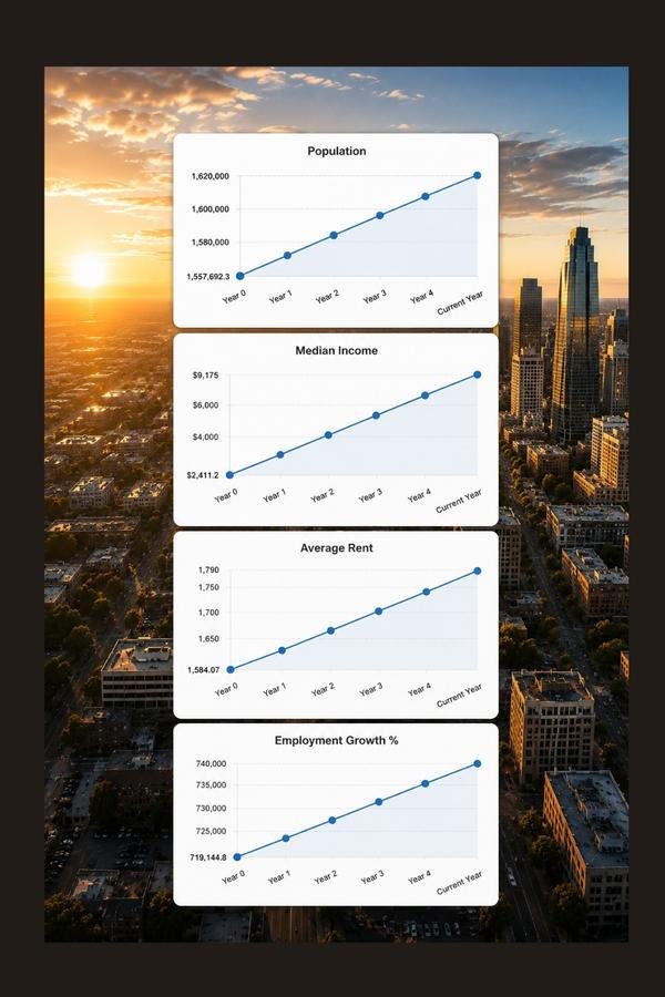 Population, income, rent, and employment growth charts over a city background